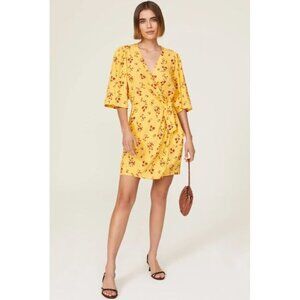 THAKOON COLLECTIVE Yellow & Red Floral Crepe Short Sleeve Wrap Dress Size 6